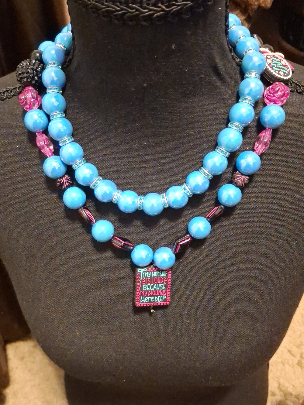 Blue Beaded Double-Strand Necklace with Inspirational Pendant